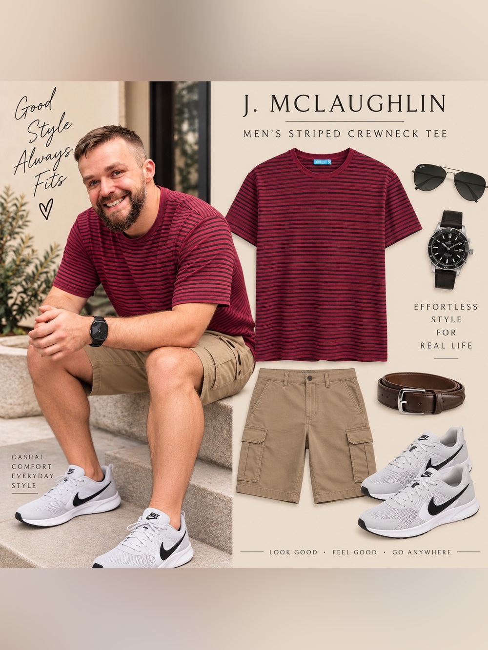 J. McLaughlin Men's Burgundy and Black Striped Crewneck Tee-Linen/Spandex-NWT-XL